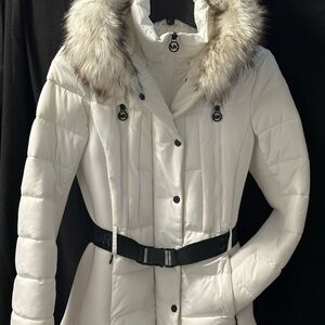 Michael Kors White Fur-Trimmed Puffer Jacket